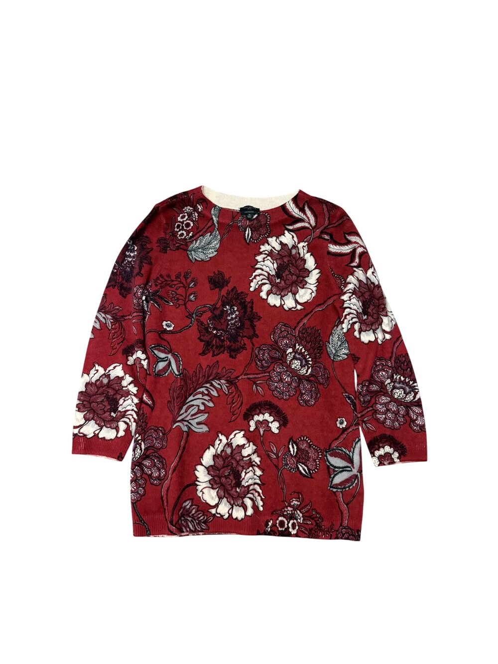 Talbots Sweater Womens Small Petite Red 100% Cashmere Floral Crew Neck Knit
